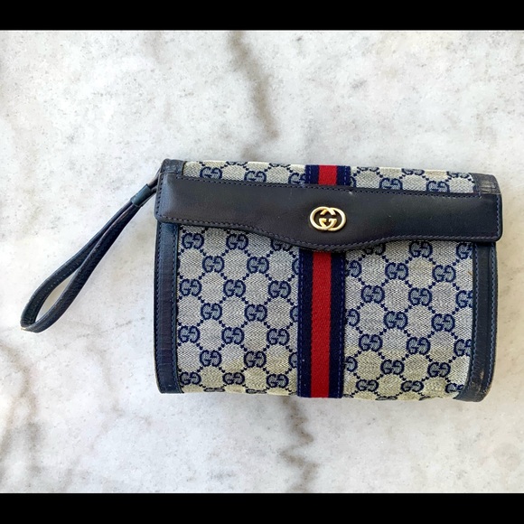 Authentic Rare Gucci Sherry Line Vintage Navy GG Clutch - Picture 2 of 10